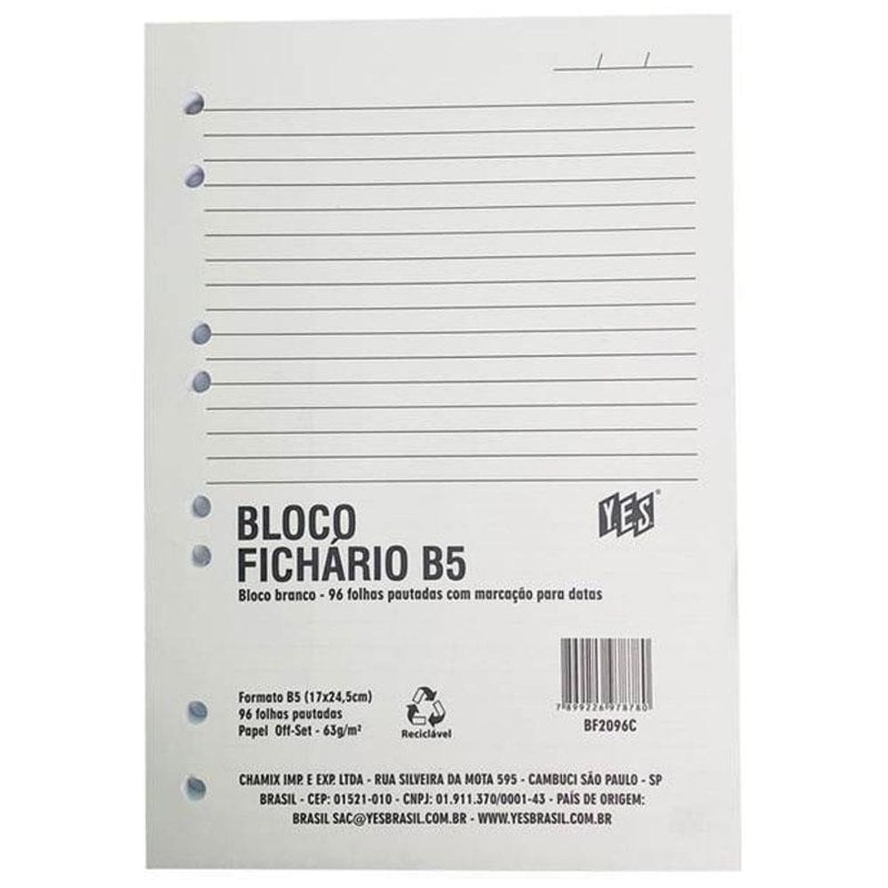 Bloco p/ fichário colegial 8 furos 96 fls BF2096C Yes