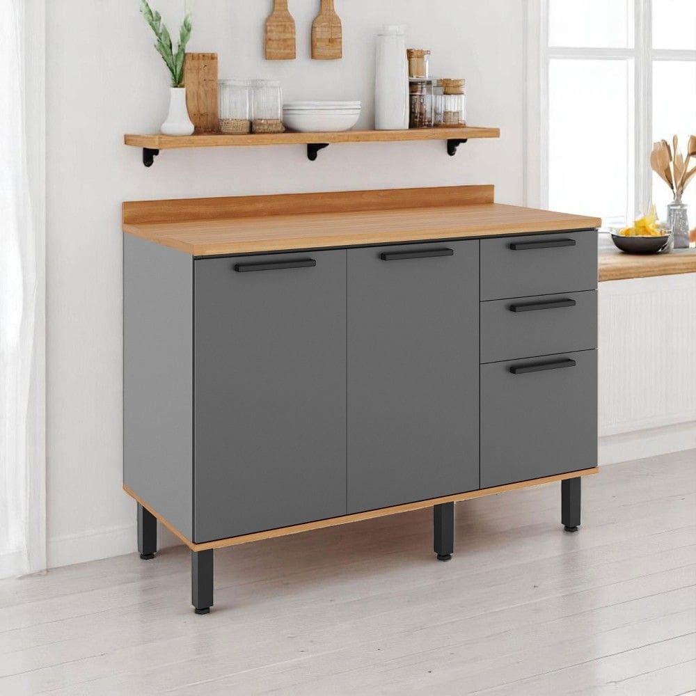 Balcão de Cozinha Castanha 1200mm com Tampo 3 Portas e 2 Gavetas Cinza/Freijó