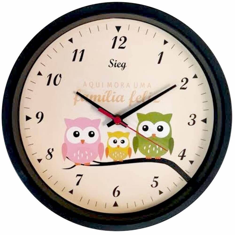 Relógio Redondo Preto Coruja 28cm - 2803-01 - Sieg