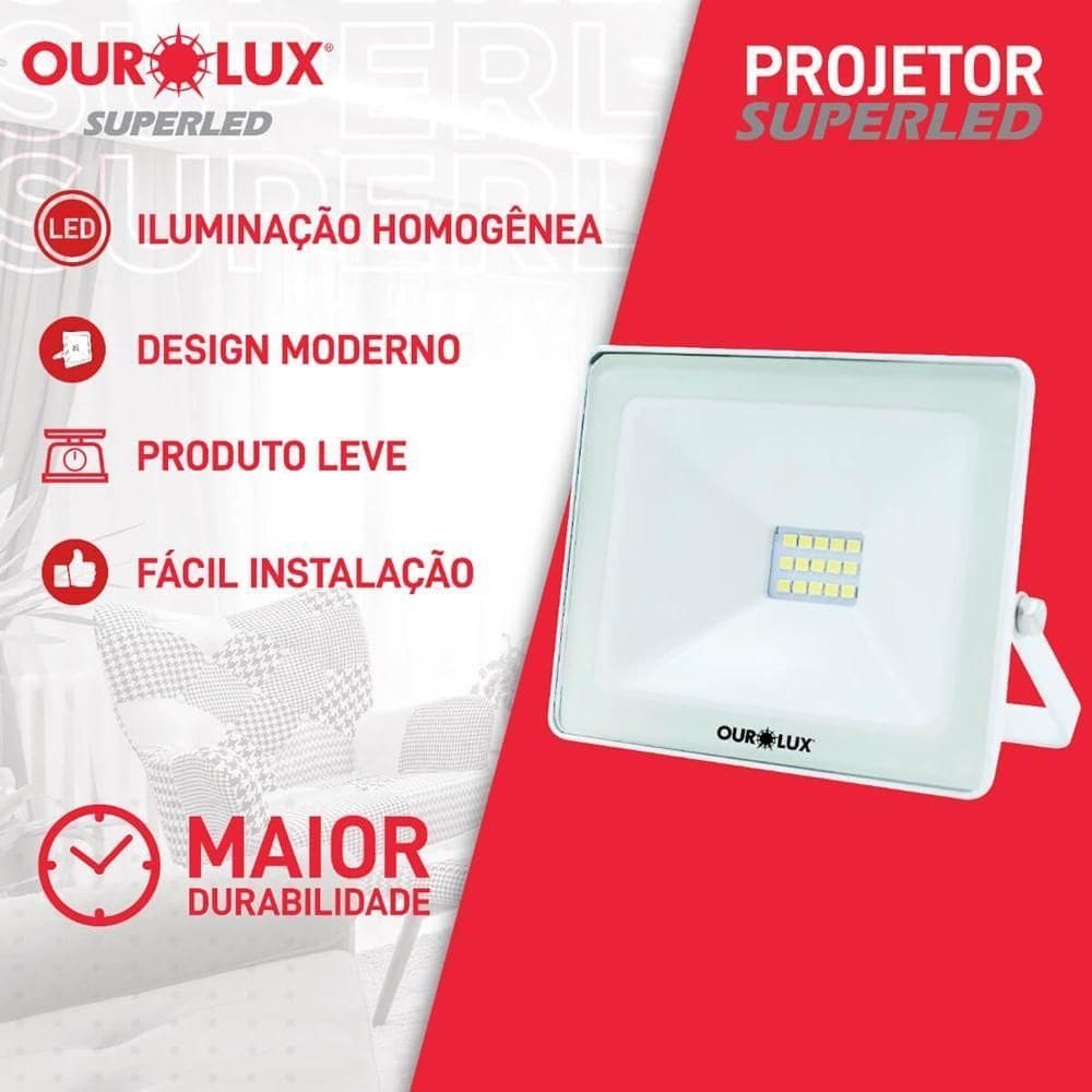 Projetor Slim Superled Branco 10 Watts Bivolt 6500k - 03260 - Ourolux