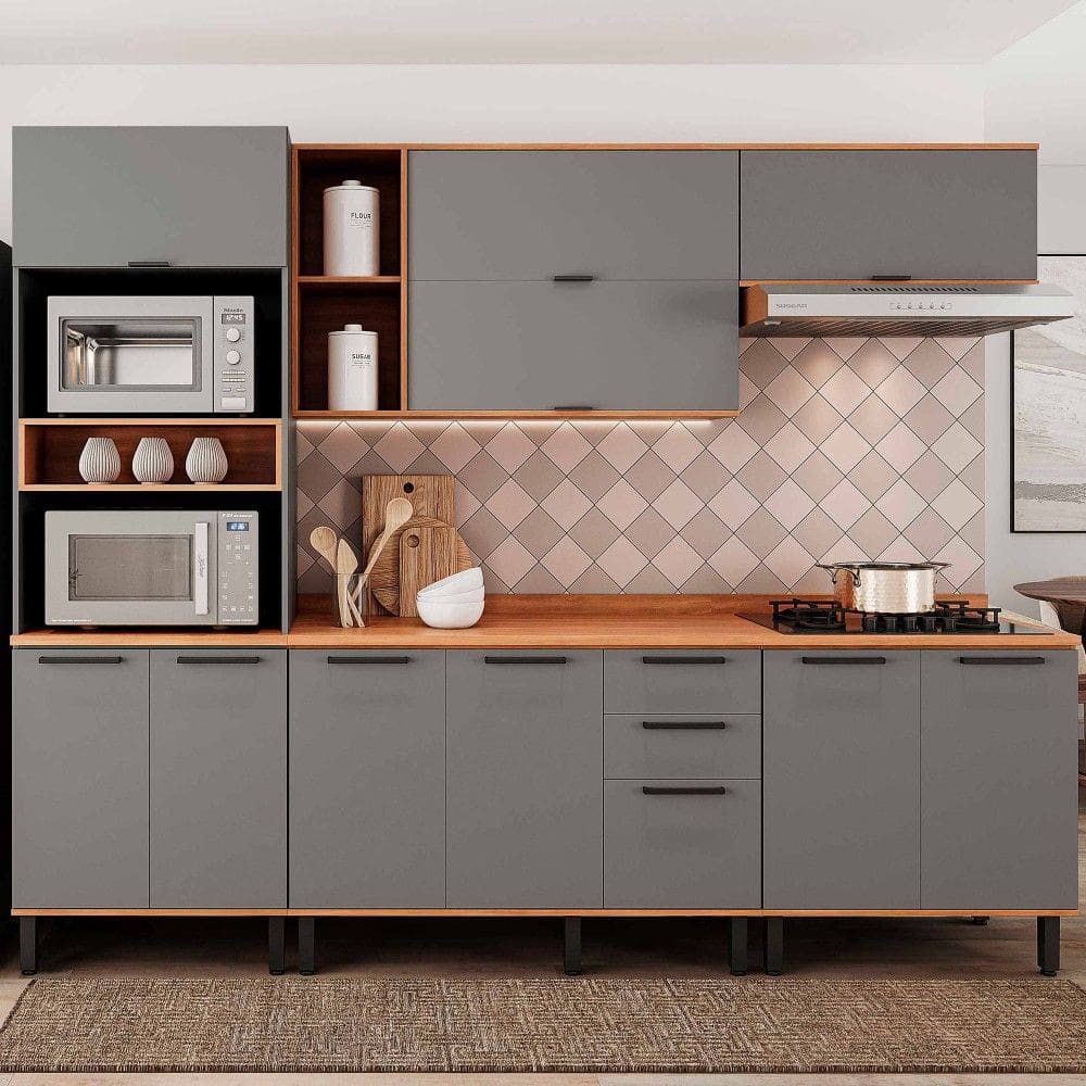 Armário de Cozinha Completa Castanha 2700mm Torre Quente 5 Peças Cinza/Freijó