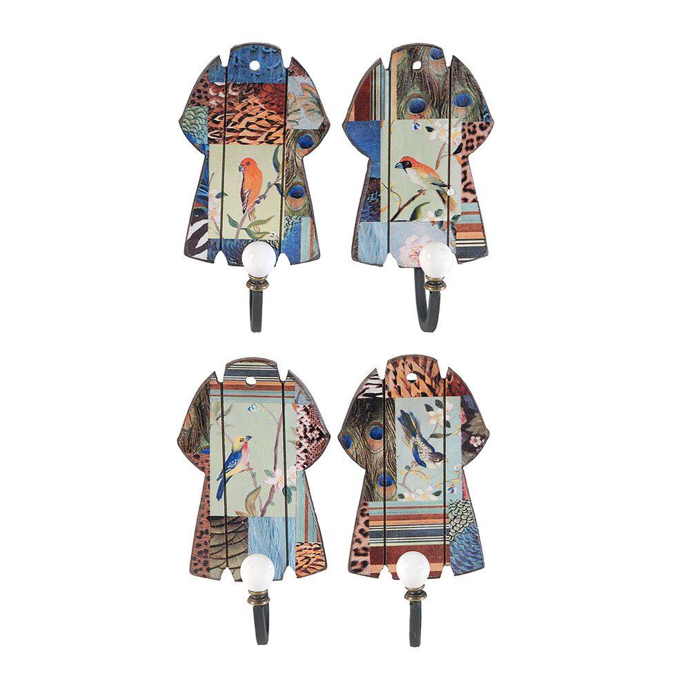 Ganchos de decoração de parede Benzara Exotic Bird Print, madeira e metal, 4 unidades