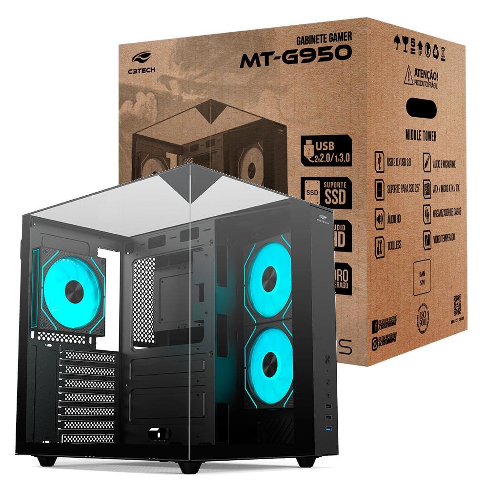 Gabinete Gamer Aquário C3Tech MT-G950BK, Mid Tower, Vidro Temperado, USB?3.0, Sem Fonte, Preto - Aquarius