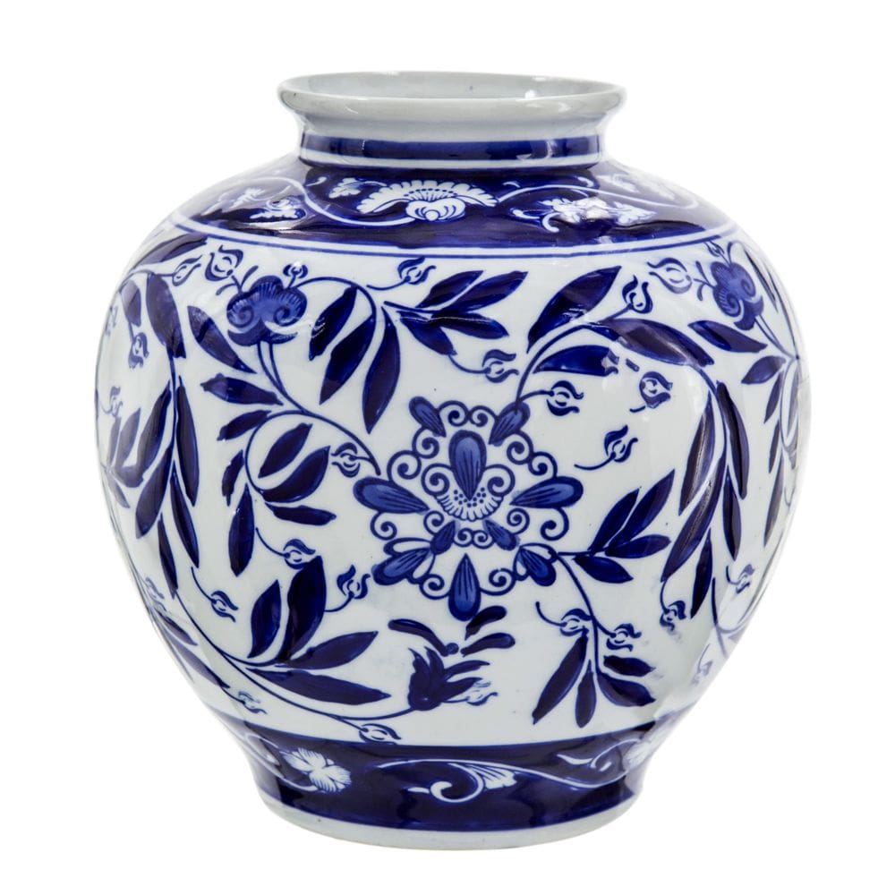 Vaso Benzara 23cm Porcelana Azul Branco Impressão Persa