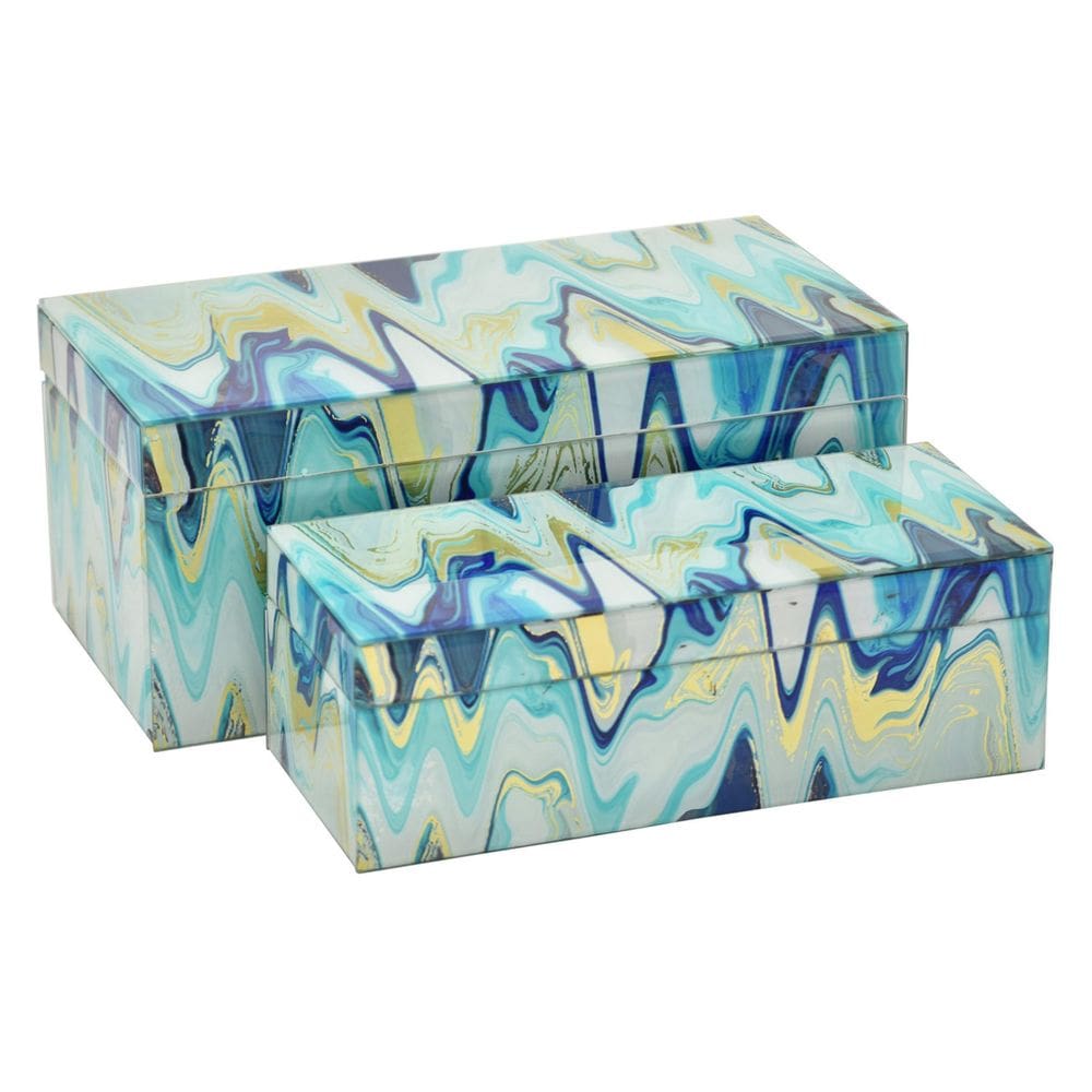 Conjunto de caixas decorativas Benzara Jenny Abstract Teal Glass x2