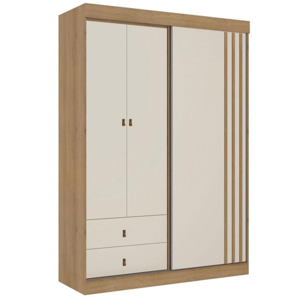 Guarda-Roupa Solteiro THB Aspen, 3 Portas de Bater e Correr sem Espelho, Capuccino e Off White, 156 cm