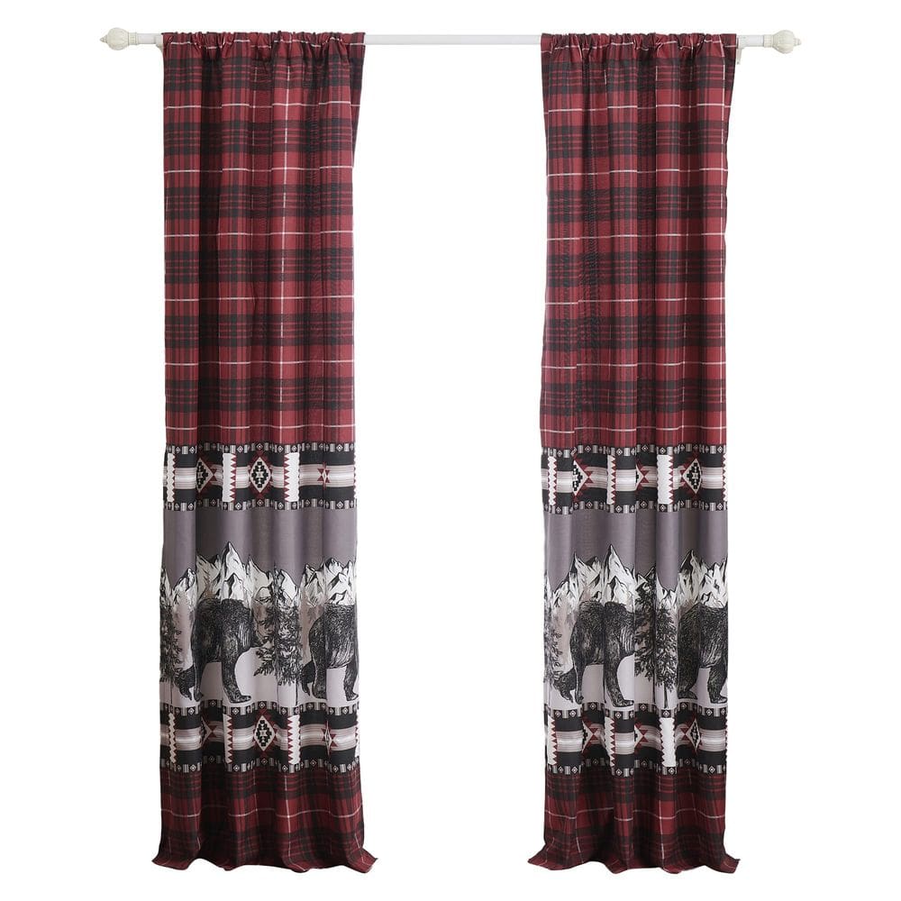 Cortinas Benzara Sofia, 213 cm, painel de urso, vermelho, preto, xadrez