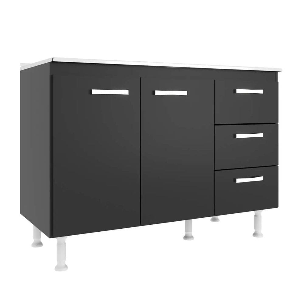 Balcão Cozinha com Tampo 2 Portas 3 Gavetas Evidencia Moveis Cor Preto