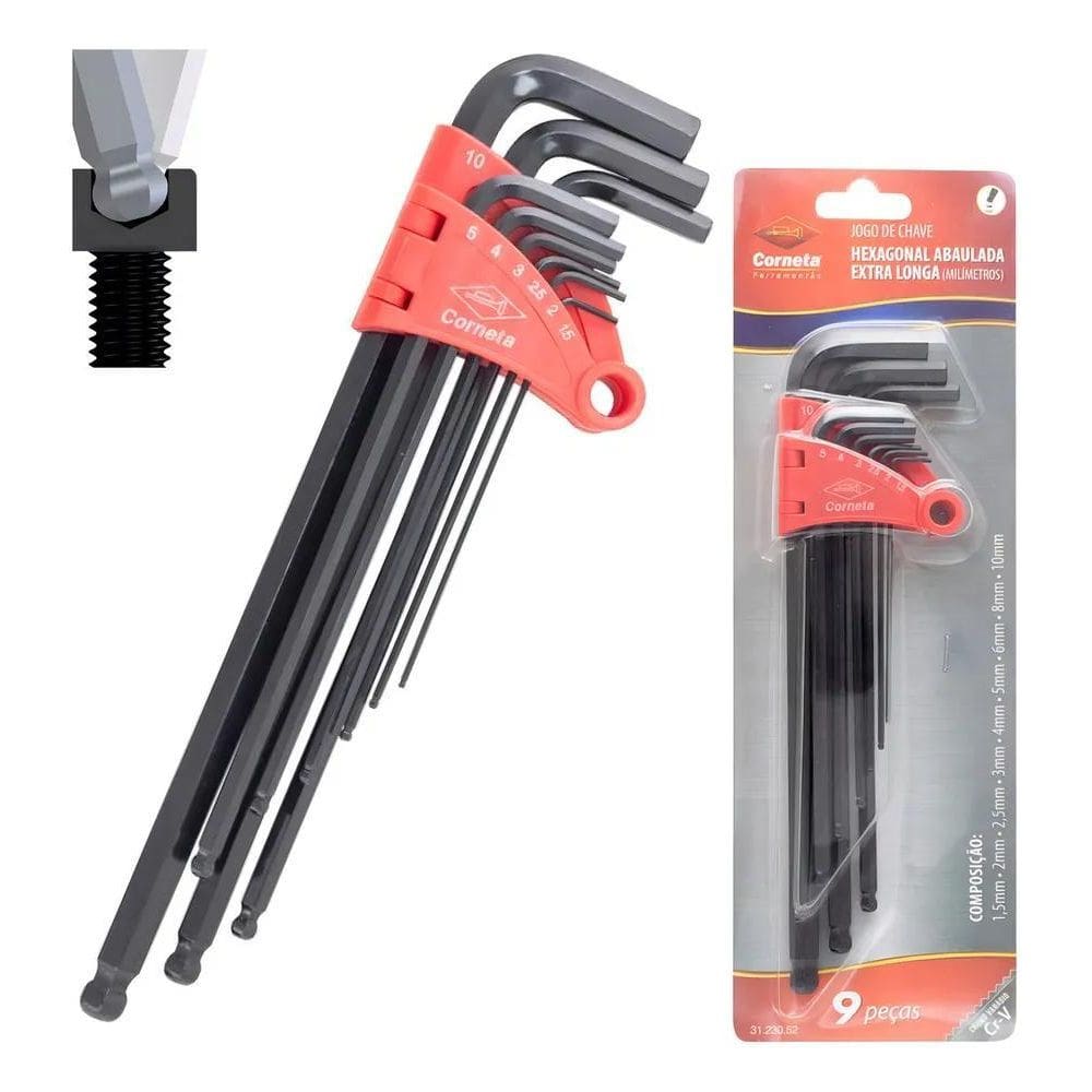 10X Jogo Chave L Allen Abaulada Extra Longa 1,5 A 10Mm Corn