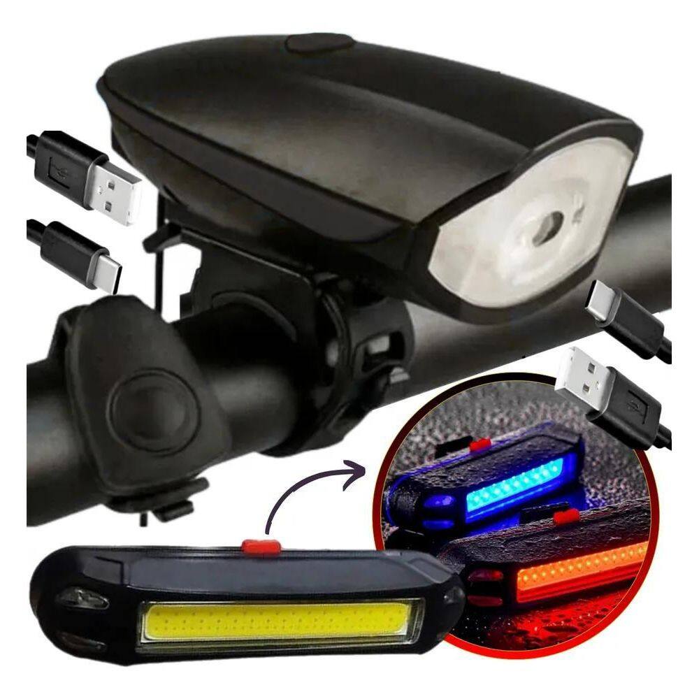 10X Kit Lanterna Farol Led Com Buzina Bike Recarregavel Usb