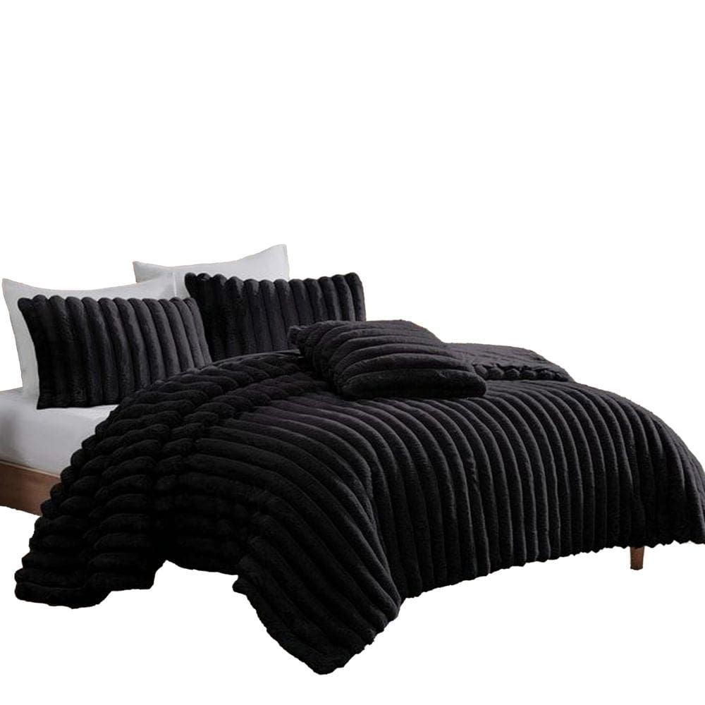Conjunto de roupa de cama Benzara Sieno 3 peças Twin XL Black Faux Fur