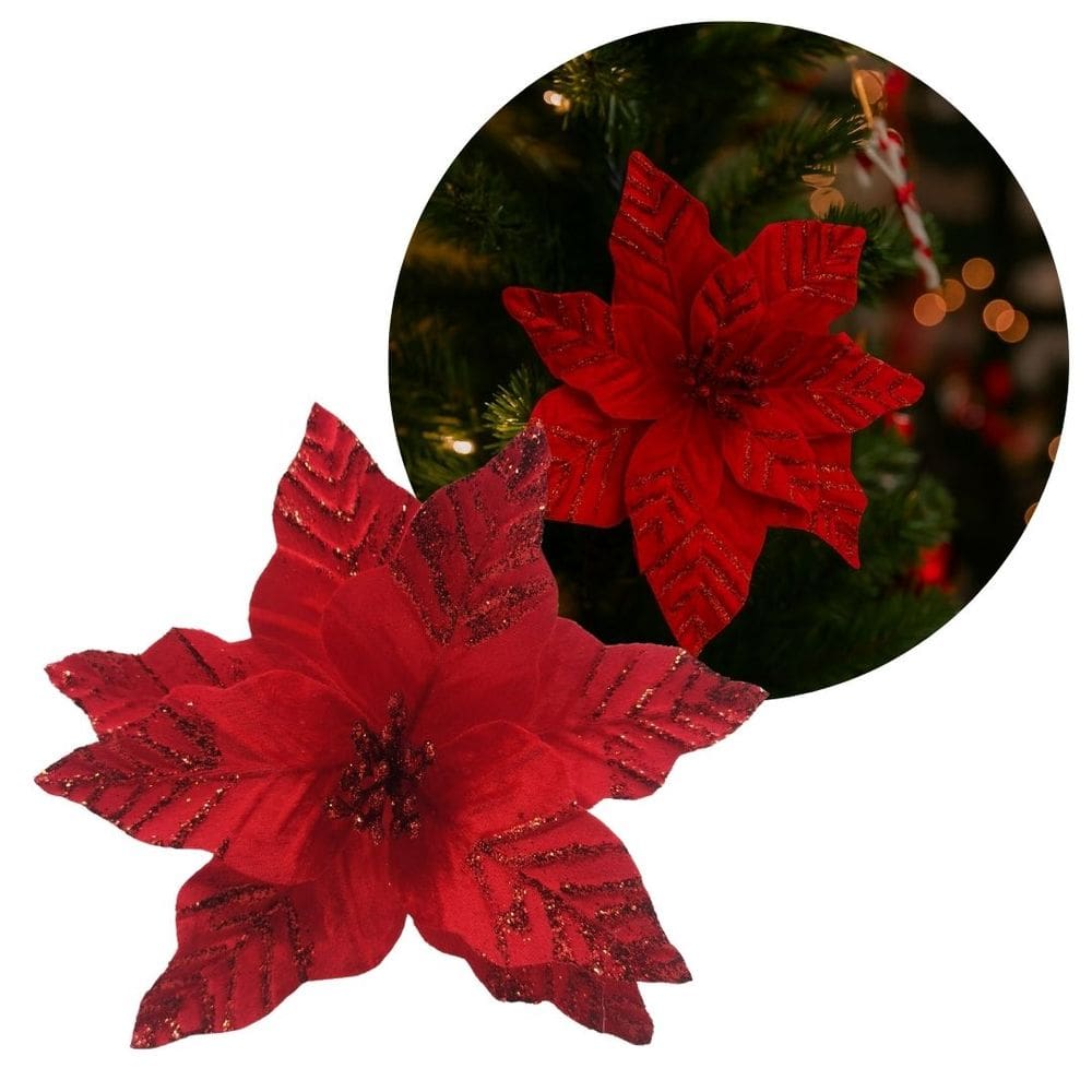 Flor Bico de Papagaio Natal Pick Veludo Vermelho Borda Glitter Luxo 25cm