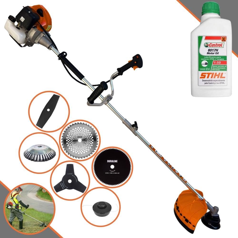 Roçadeira 6 Em 1 Terra GRHB430 Bi-Partida 43cc Com Carretel + Faca 2 Pontas + Faca 3 Pontas + Faca 40 Dentes + Faca 80 Dentes + Escova + ÓLEO STIHL 2T
