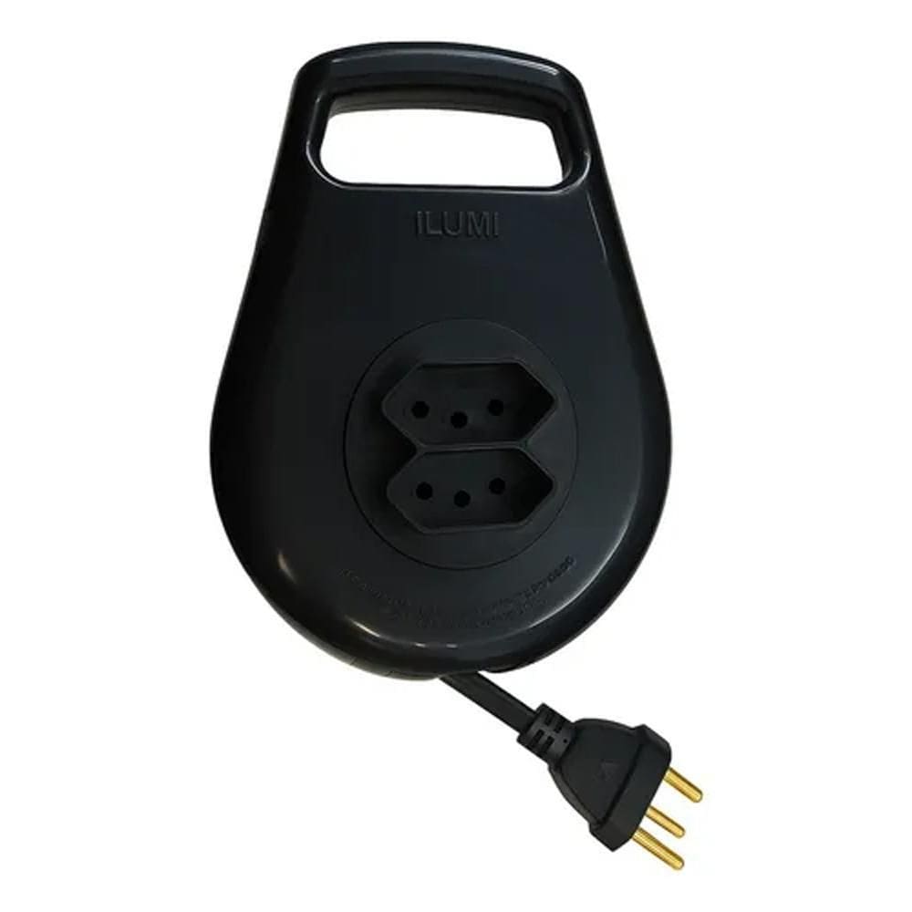 Extensão Elétrica De Enrolar Bivolt 2 Tomadas 3M Preta Ilumi