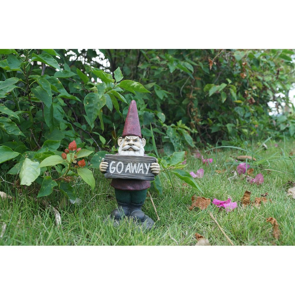 Escultura RUNADI Gnome segurando a placa Go Away 28 cm