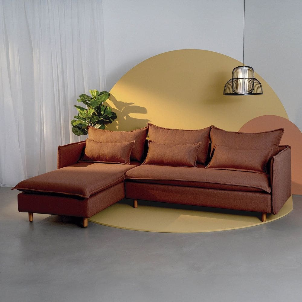 Sofá Modular 3 Lugares com Chaise e Pé Madeira Sôma Cabecasa Madeiramadeira Mocha Mousse