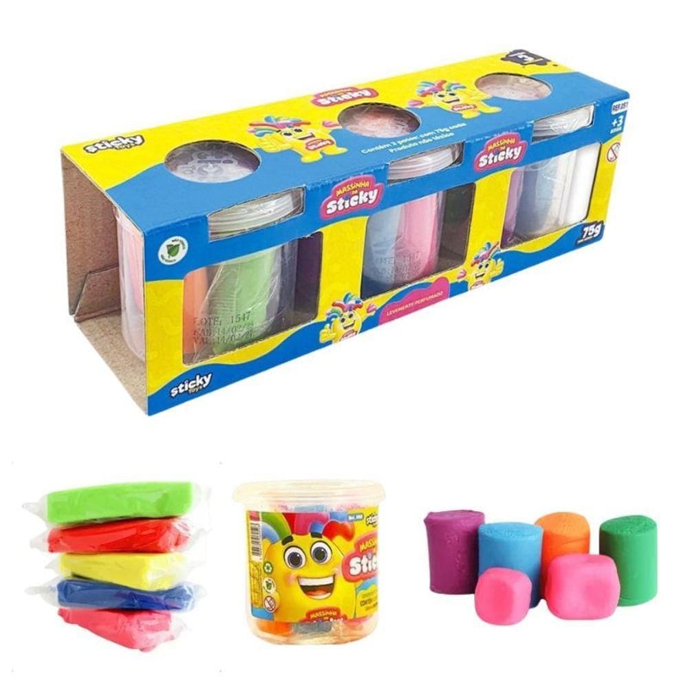 03 Pote De Massinha Com 5 Cores Vibrantes Atóxico 225 Gramas