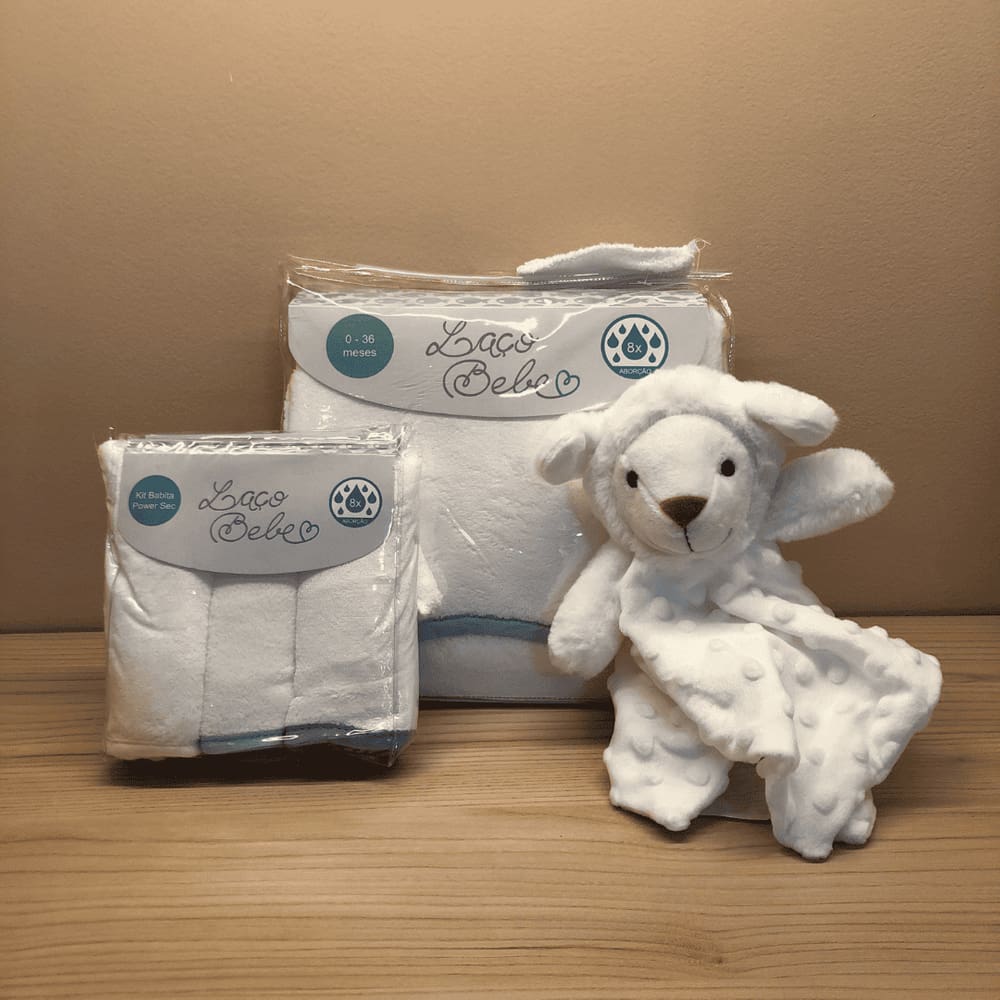 Kit com Naninha Ovelha + Toalha com Capuz + 3 Babitas Azul - Laço Bebê
