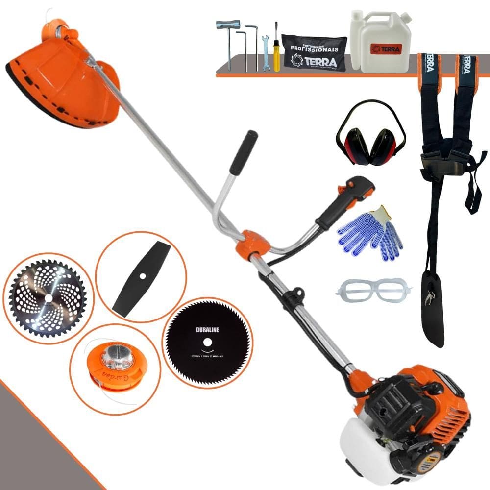 Roçadeira Multifuncional Terra GR520XP À Gasolina 2T 52cc 2,5HP 6.500rpm Completa Ideal Para Todos os Tipos de Trabalhos Com 4 Opções de Cortes + EPI