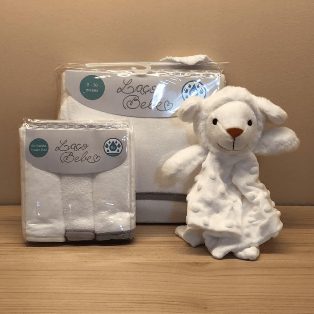 Kit com Naninha Ovelha + Toalha com Capuz + 3 Babitas Cinza - Laço Bebê