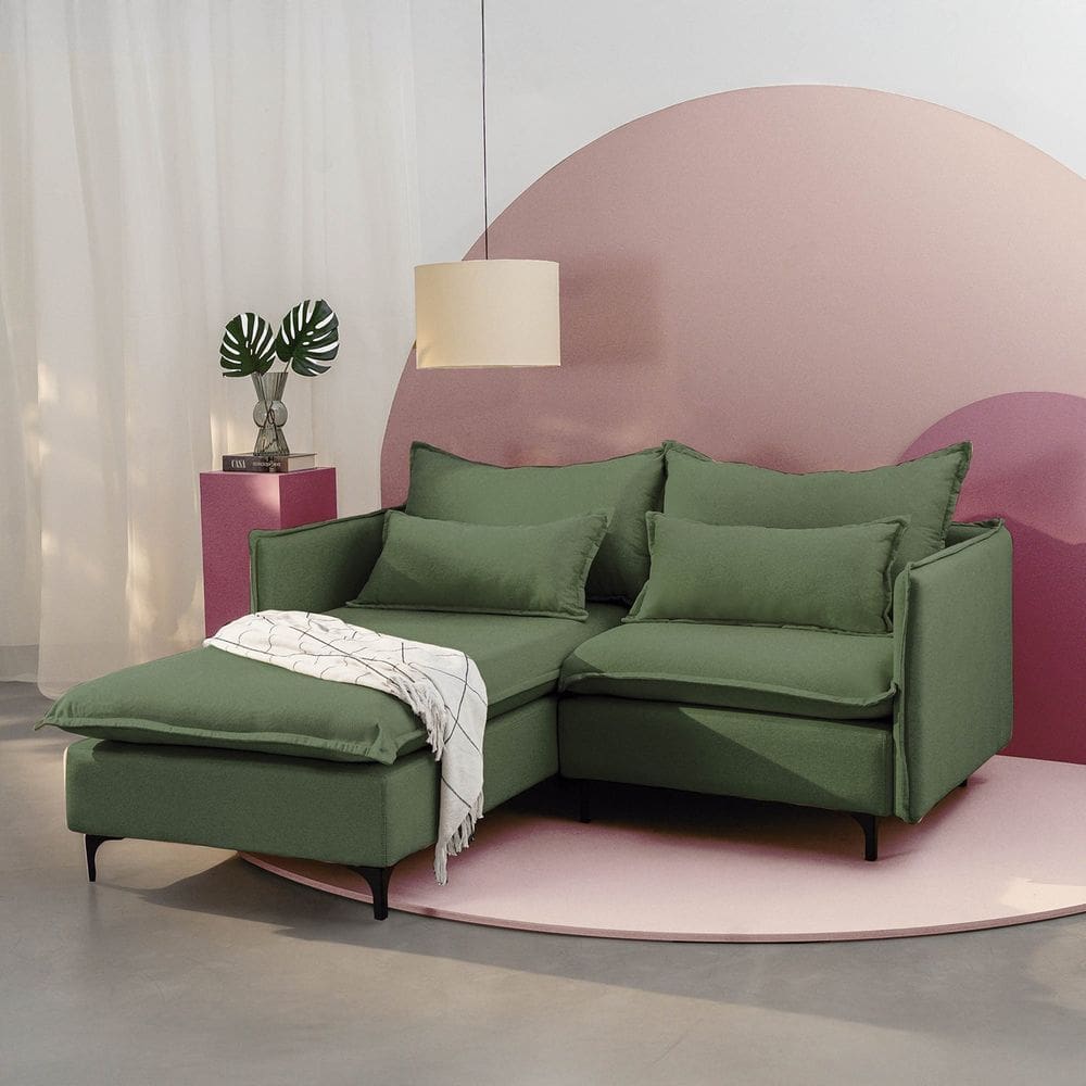 Sofá Modular 2 Lugares com Chaise e Pé Metal Sôma Cabecasa Madeiramadeira Verde