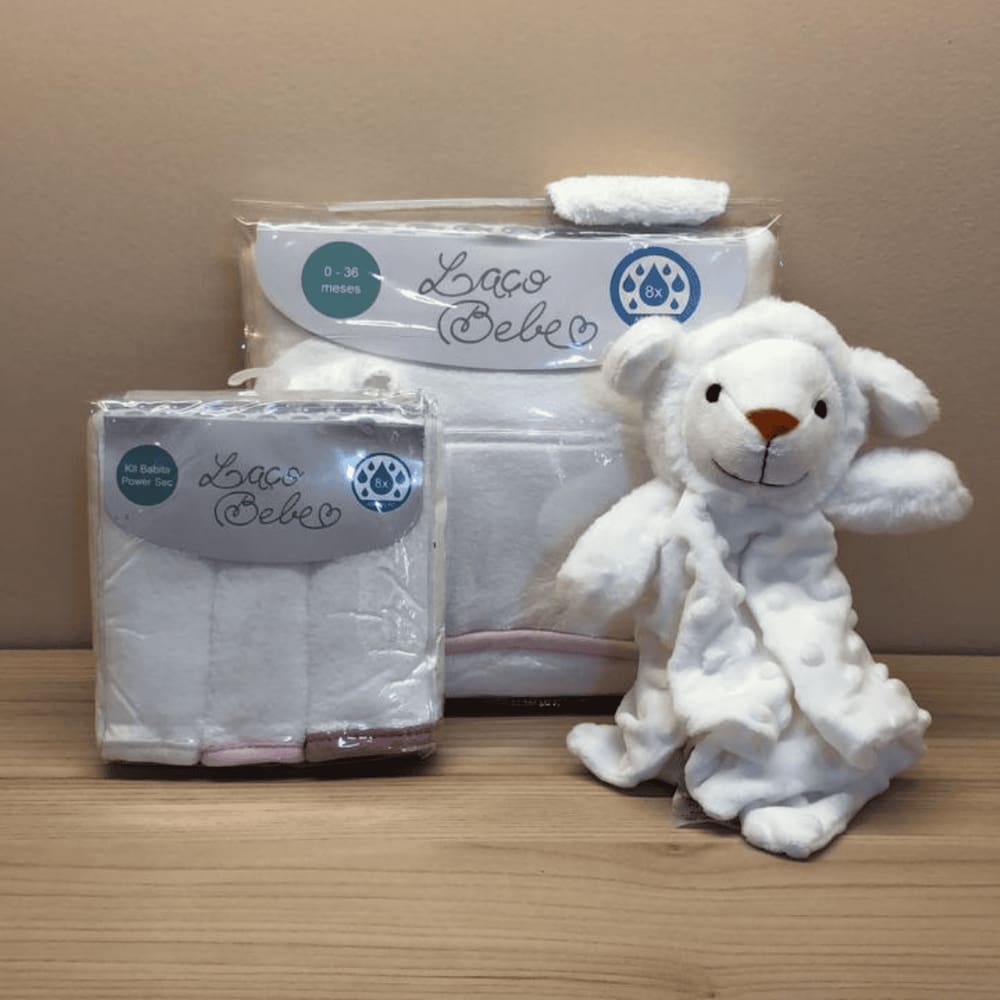 Kit com Naninha Ovelha + Toalha com Capuz + 3 Babitas Rosa - Laço Bebê