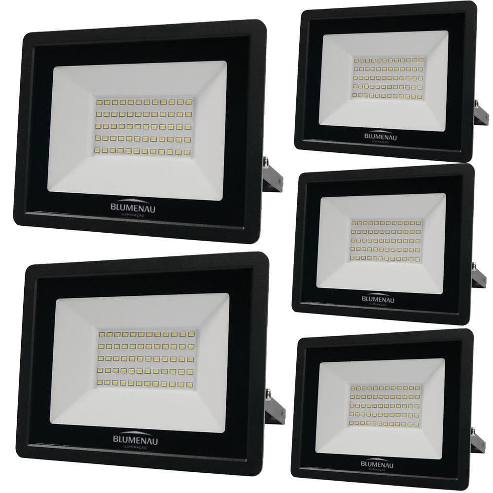 Kit 5 Refletor De Led Slim 50w Prova Dágua Preto Bivolt 3000k Quente