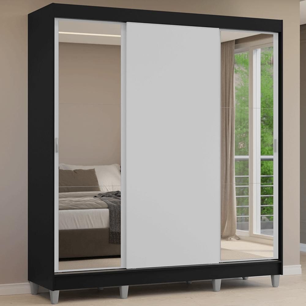 Guarda-Roupa Casal com Pés 3 Portas de Correr com Espelhos Preto/Branco Reno Madesa