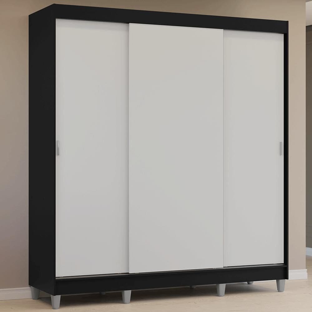 Guarda-Roupa Casal com Pés 3 Portas de Correr Preto/Branco Reno Madesa