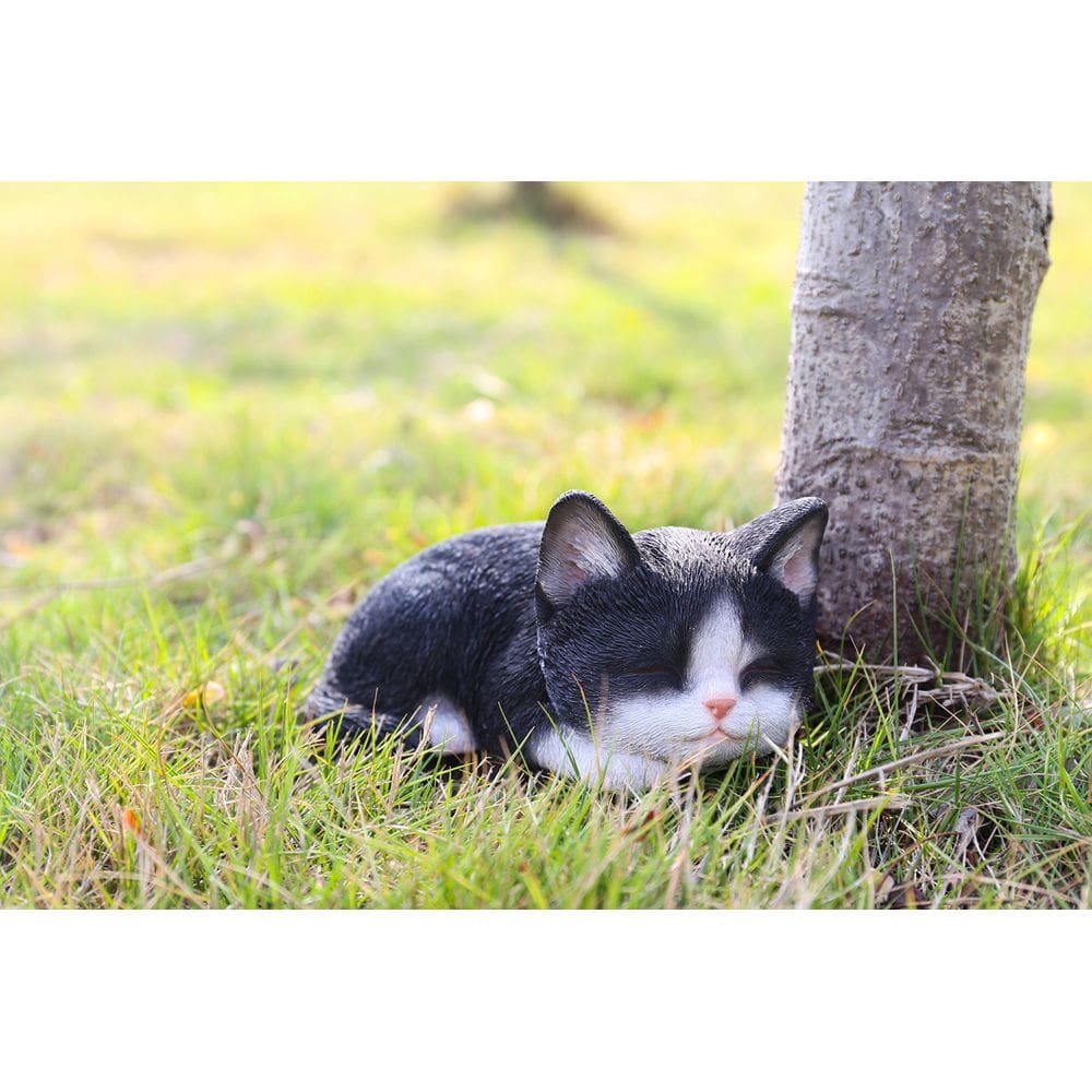 Escultura Estátua de gato preto e branco dormindo em gatinho RUNADI