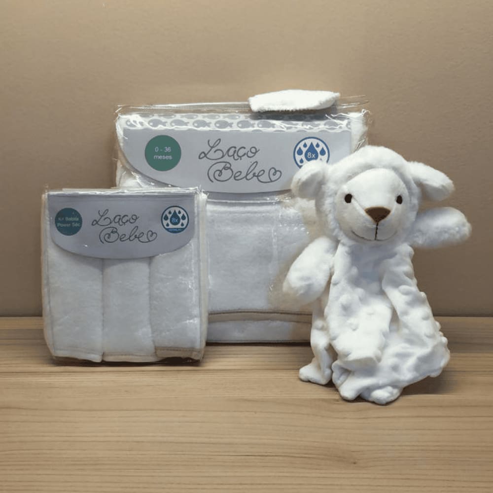 Kit com Naninha Ovelha + Toalha com Capuz + 3 Babitas Bege - Laço Bebê