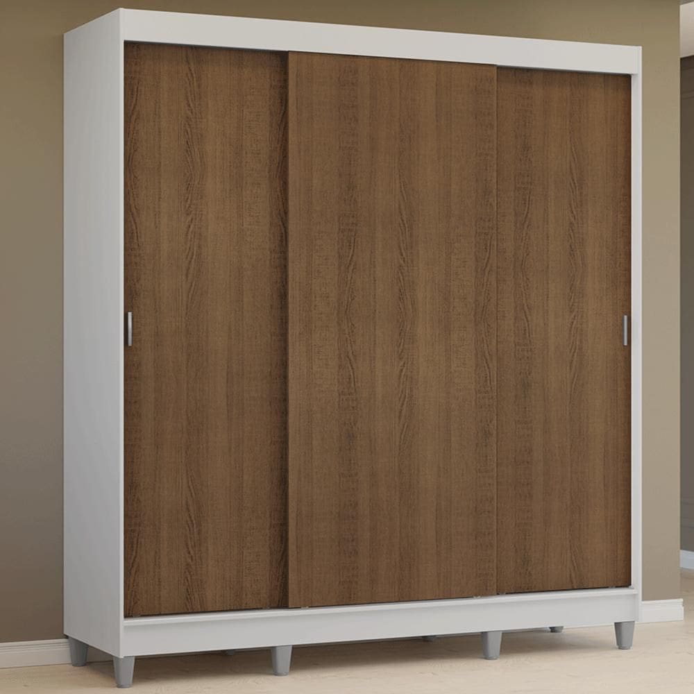 Guarda-Roupa Casal com Pés 3 Portas de Correr Branco/Rustic Reno Madesa