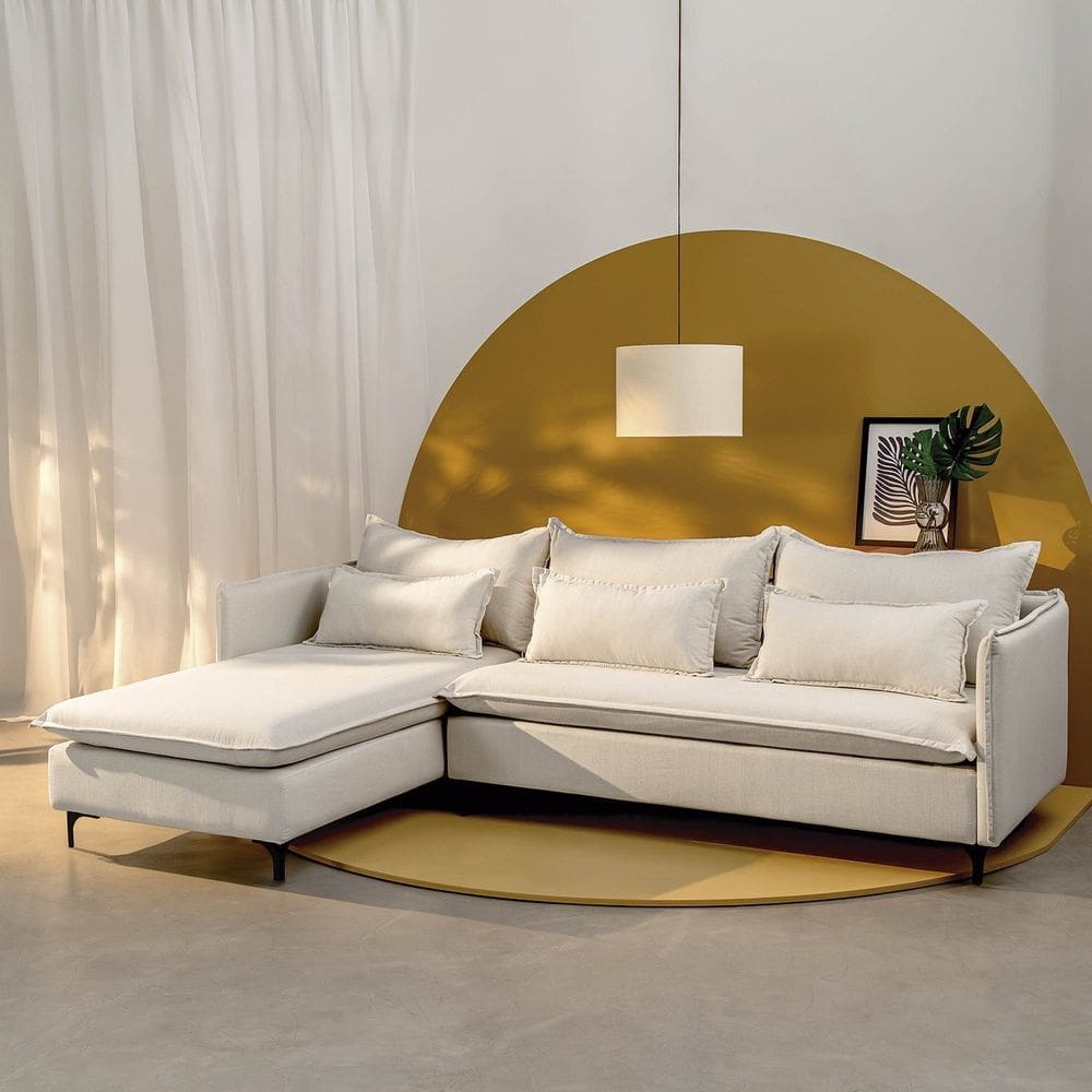 Sofá Modular 3 Lugares com Chaise e Pé Metal Sôma Cabecasa Madeiramadeira Linho Natural