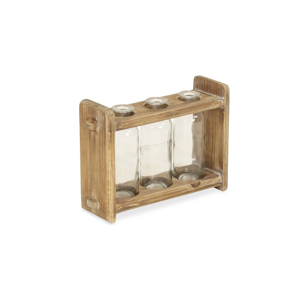 Set de 3 frascos de vidrio Cheung con soporte de madera 27x8x18 cm