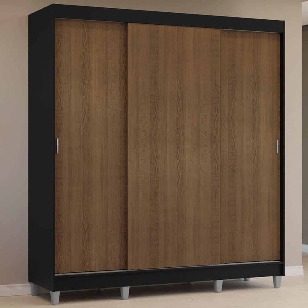 Guarda-Roupa Casal com Pés 3 Portas de Correr Preto/Rustic Reno Madesa