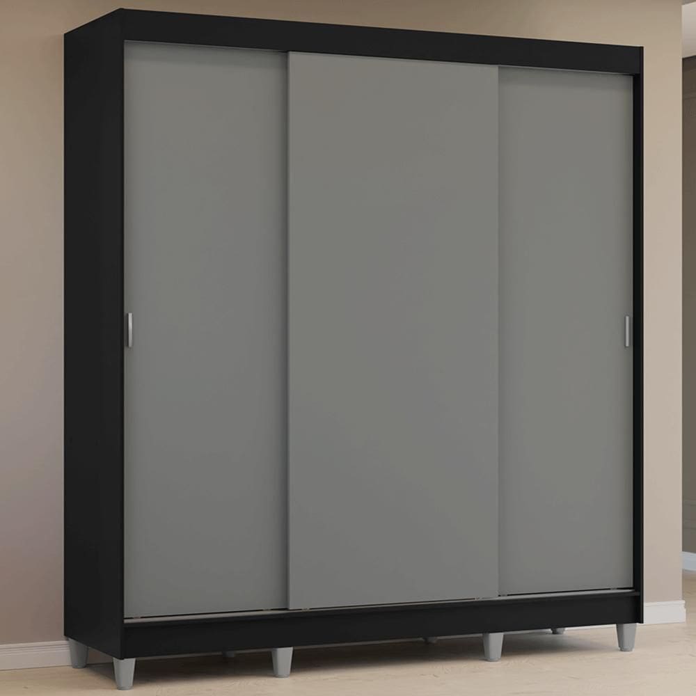 Guarda-Roupa Casal com Pés 3 Portas de Correr Preto/Cinza Reno Madesa