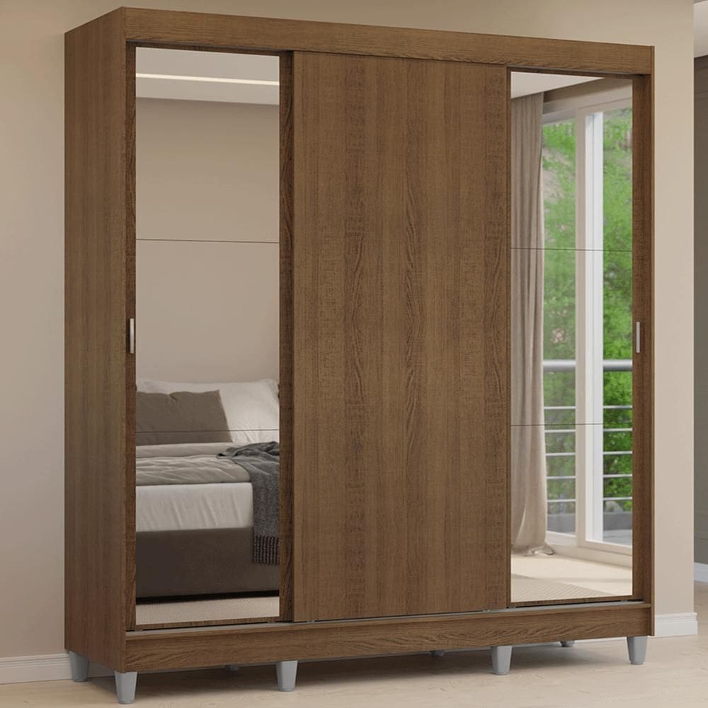 Guarda-Roupa Casal com Pés 3 Portas de Correr com Espelhos Rustic Reno Madesa