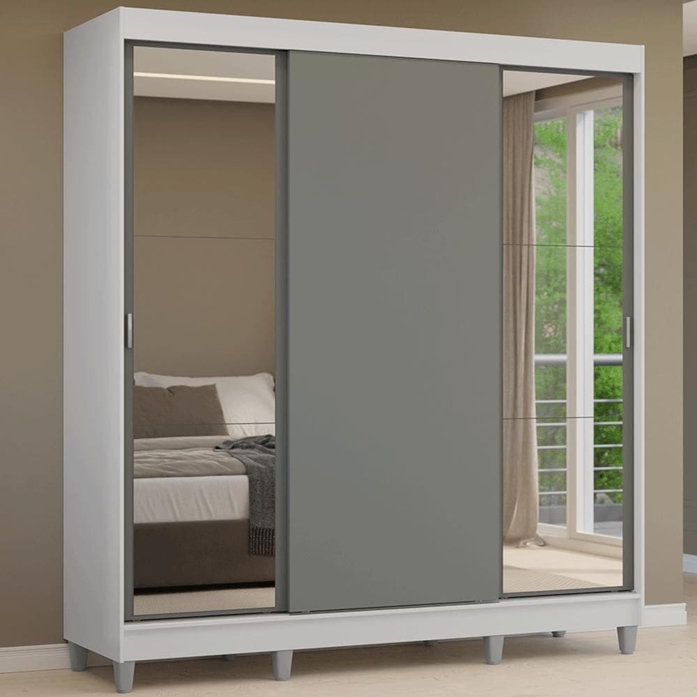 Guarda-Roupa Casal com Pés 3 Portas de Correr com Espelhos Branco/Cinza Reno Madesa