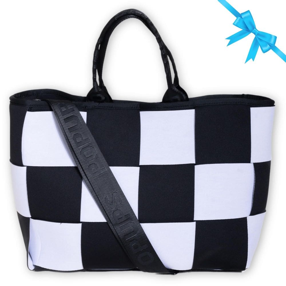 Sacola POUPS, mini tiracolo, de neoprene entrelaçado, preta e branca