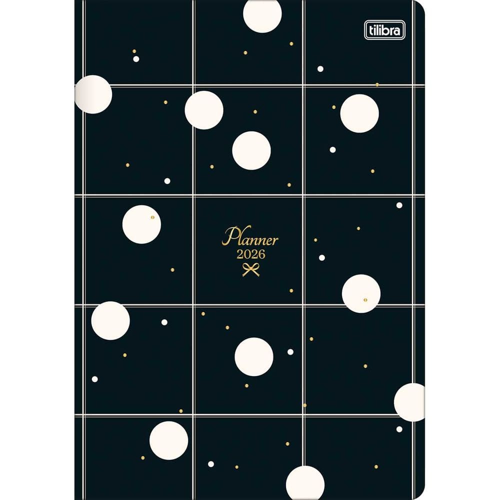 Tilibra - Planner Grampeado 17,8 x 25,4 cm West Village 90 G 2026 - Fundo Preto Quadriculado