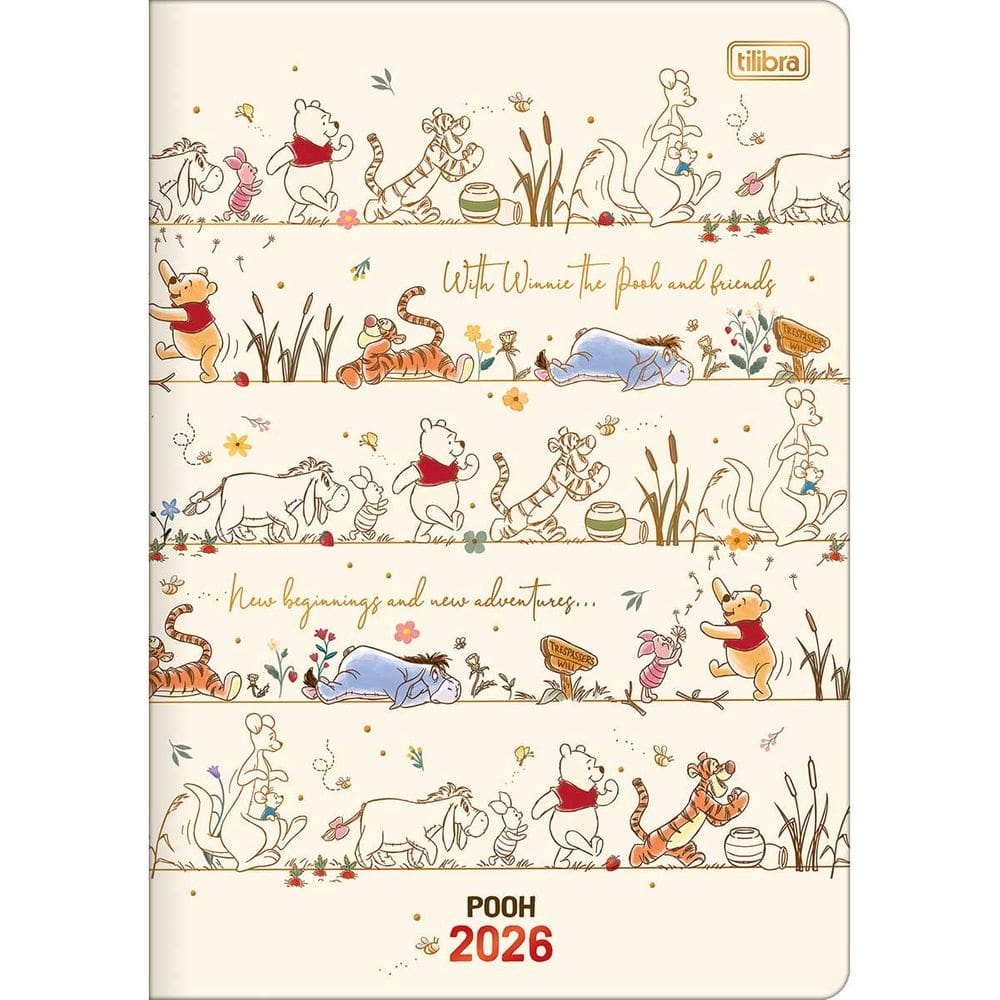 Tilibra - Planner Grampeado 17,8 x 25,4 cm Pooh 90 G 2026 - Bege - Personagens Caminhando