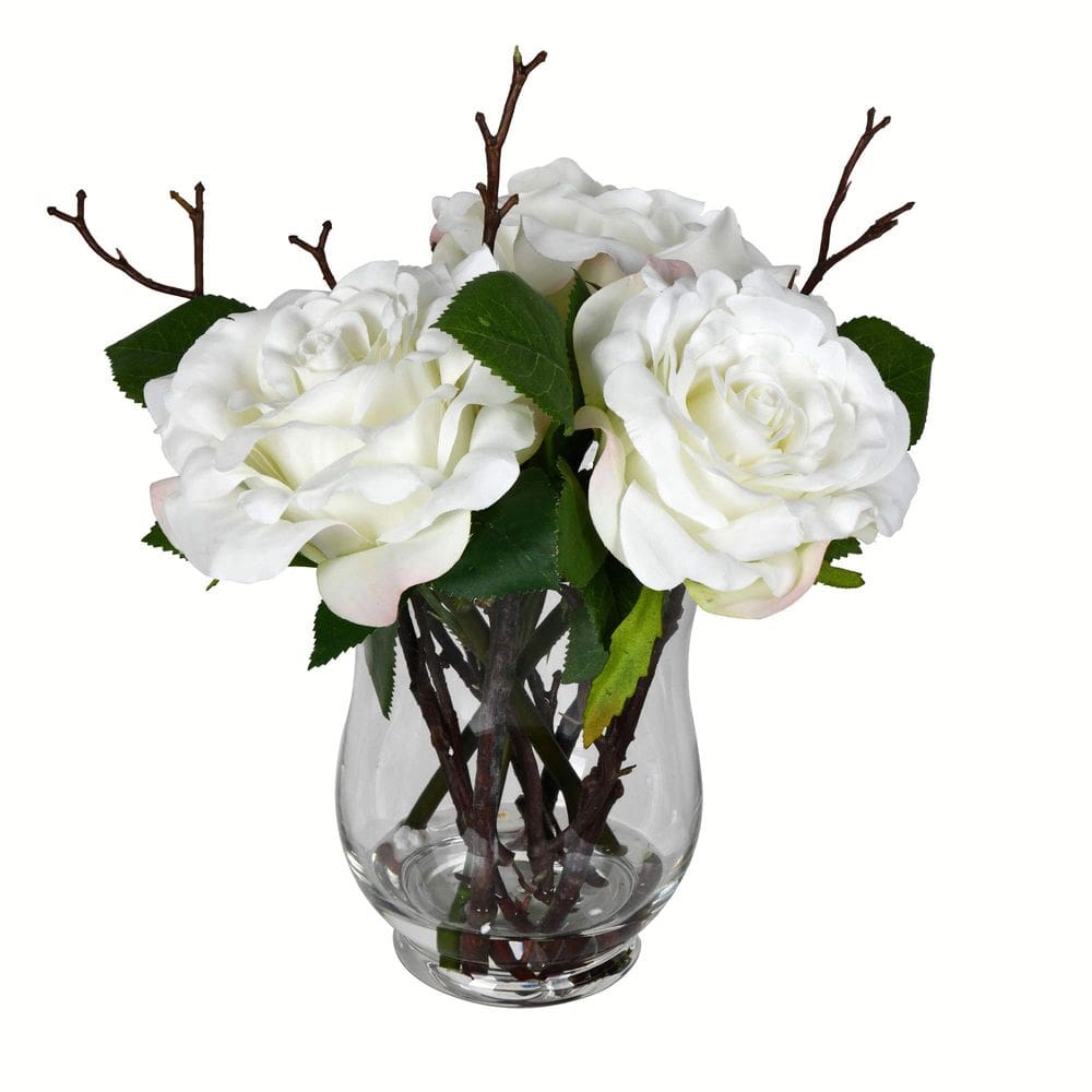 Rosa branca artificial em vaso de vidro 25cm Vickerman