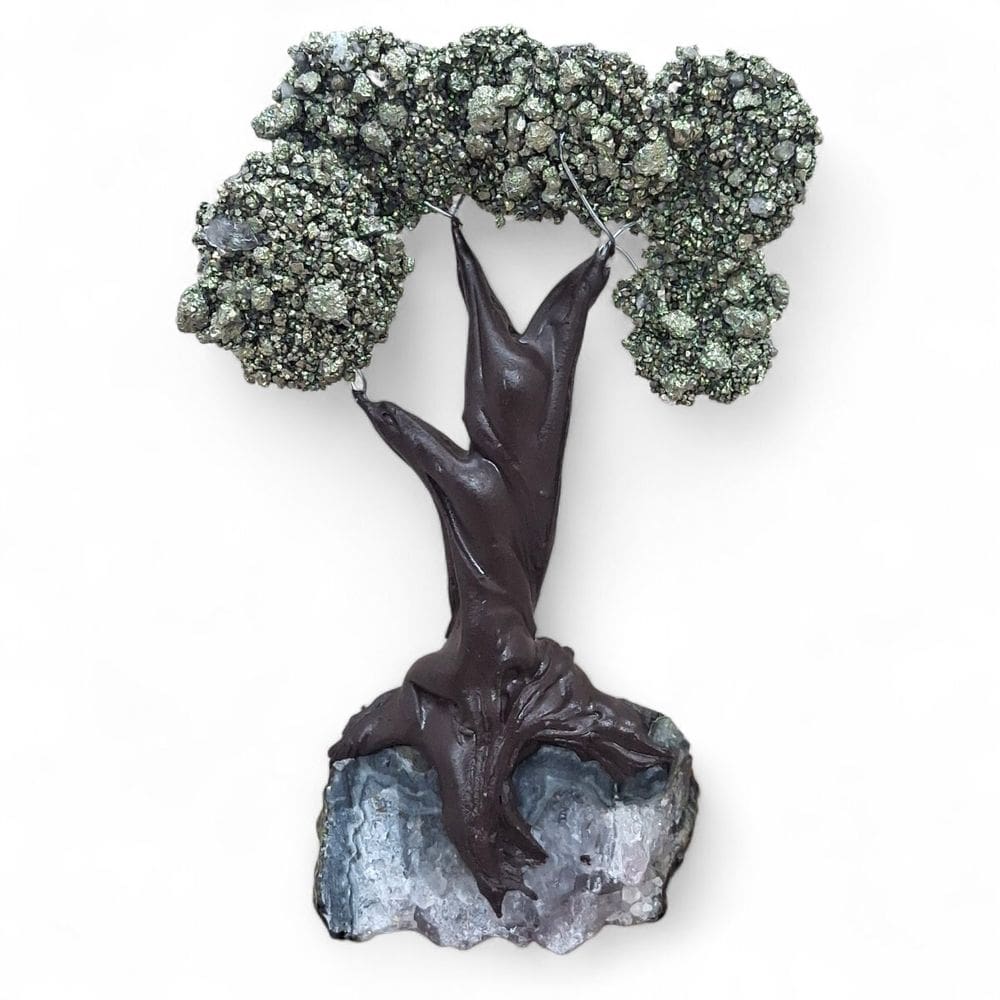 Árvore Pedra Natural Pirita com Base de Ametista 13 cm