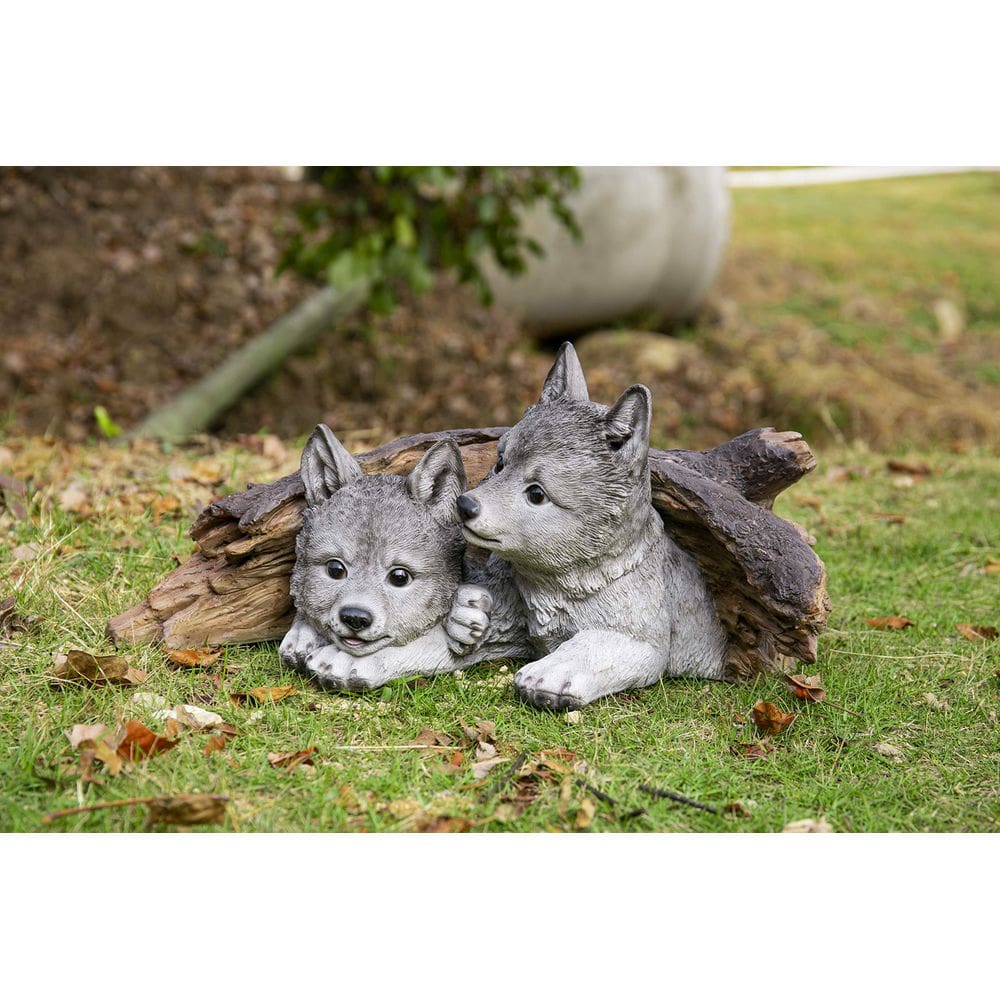 Estatueta Hi-Line Gift Grey Wolf Cubs Under Log Statue