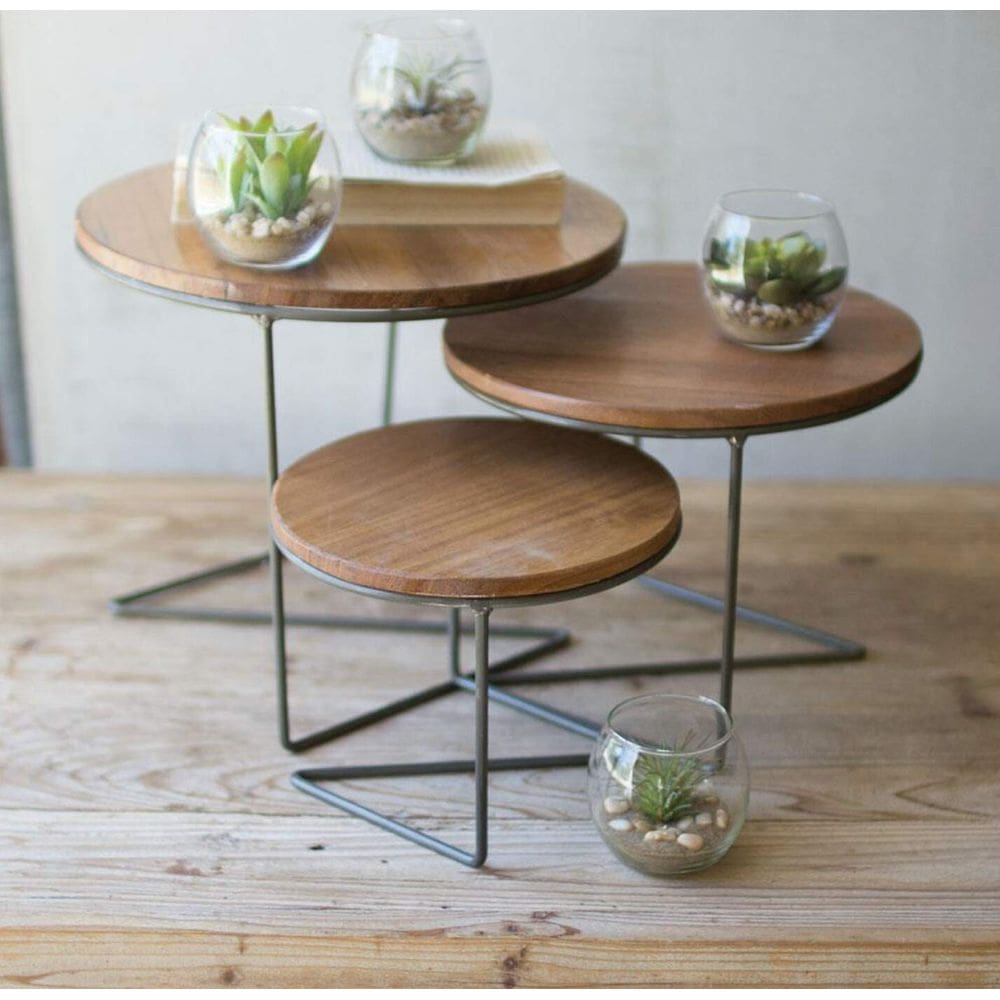 Conjunto de 3 elevadores de tela de arame KALALOU com tampos de madeira