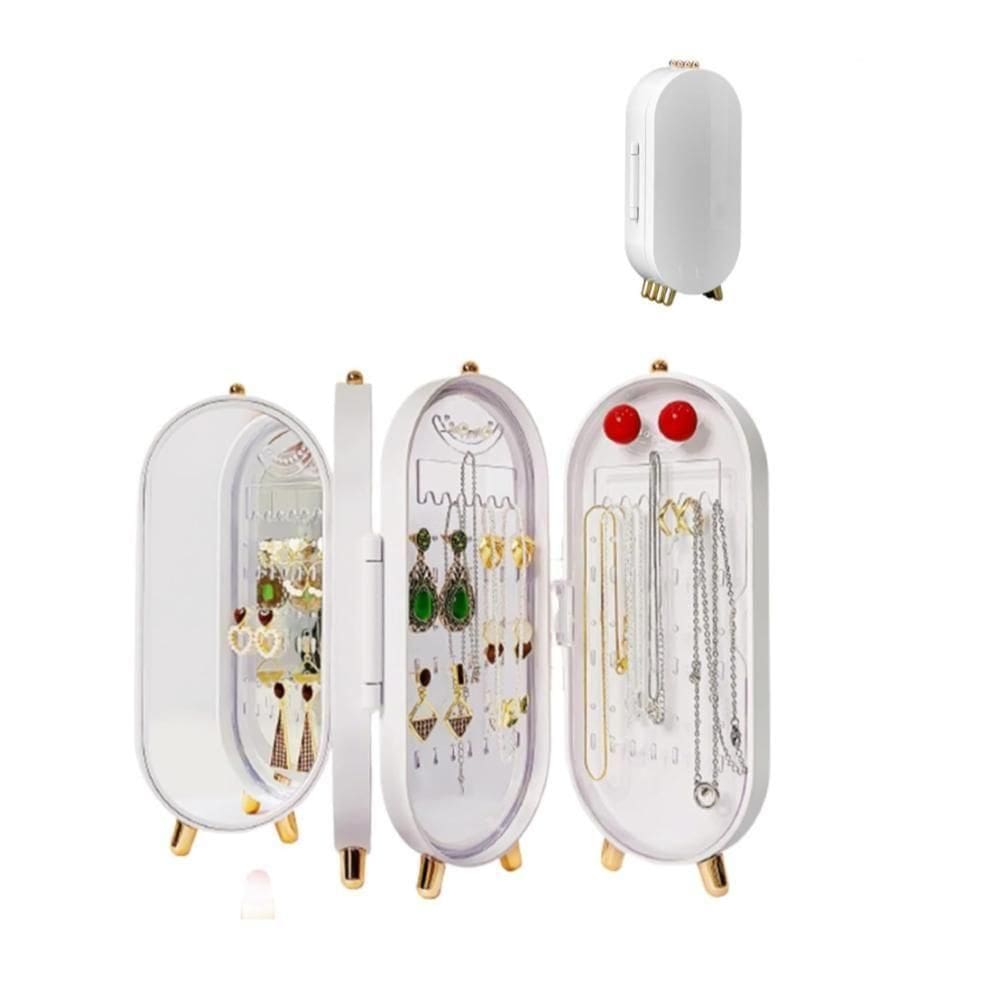 Porta Joias Dobravel Espelho 3 Compartimentos Acrilico Organizador Caixa Armazenadora Branco