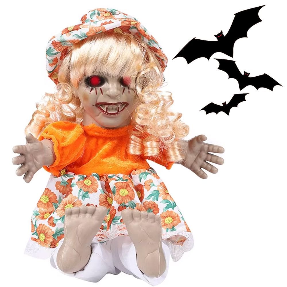 Boneca Zumbi Halloween Dia das Bruxas Assustadora Festa Tematica Grito Acende Olhos Movimento Decoraçao Mal Assombrada