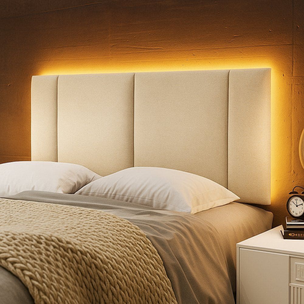 Cabeceira Painel Cama Box Casal Padrão Siri 140cm com LED Linho Bege - Abmaza