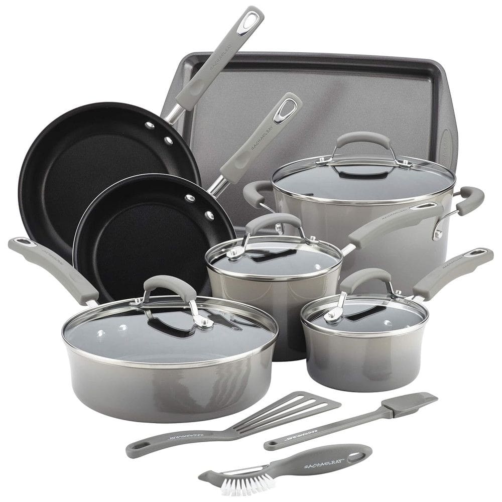 Jogo de Panelas e Frigideiras Antiaderentes em Alumínio com Utensílios, 14 Peças, Rachael Ray, Cinza