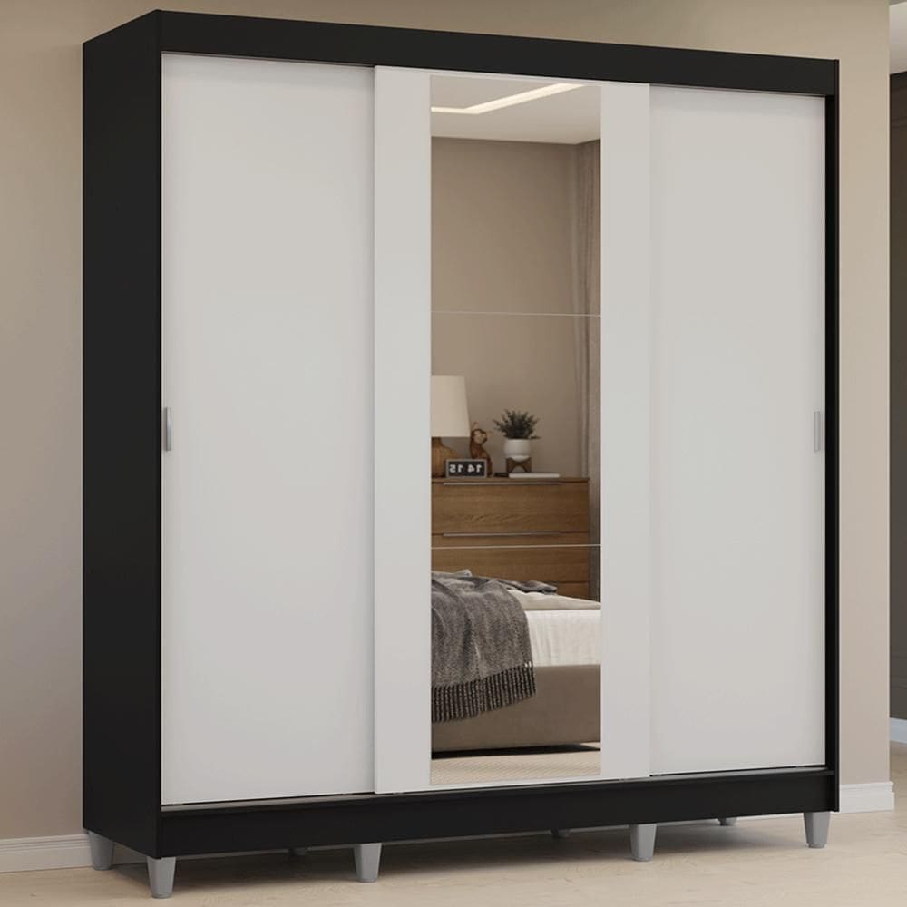 Guarda-Roupa Casal com Pés 3 Portas de Correr com Espelho Preto/Branco Reno Madesa